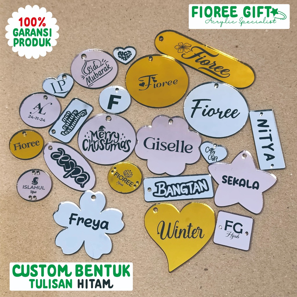 

CUSTOM BENTUK AKRILIK TULISAN HITAM | tag hampers | tag KOPER| ACRYLIC custom | ganci | Fioree Gift