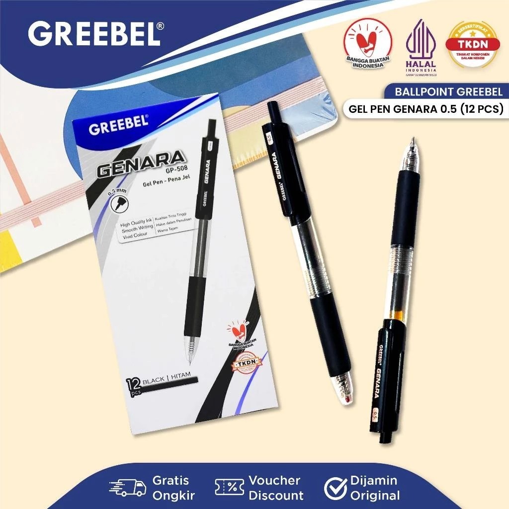 

( 1 PACK ) GREEBEL PULPEN GEL / Gel Pen Genara GP- 508 0.5 Hitam / Ballpen Gel Ballpoint Bolpen Bolpoin Pena Gel