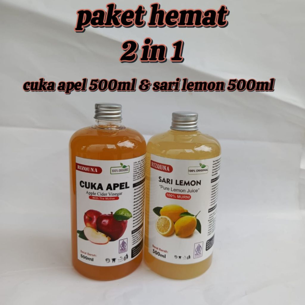 

paket 2 in 1 cuka apel 500ml & sari lemon 500ml - RIZQUNA - paket diet detox - paket murah - paket sehat