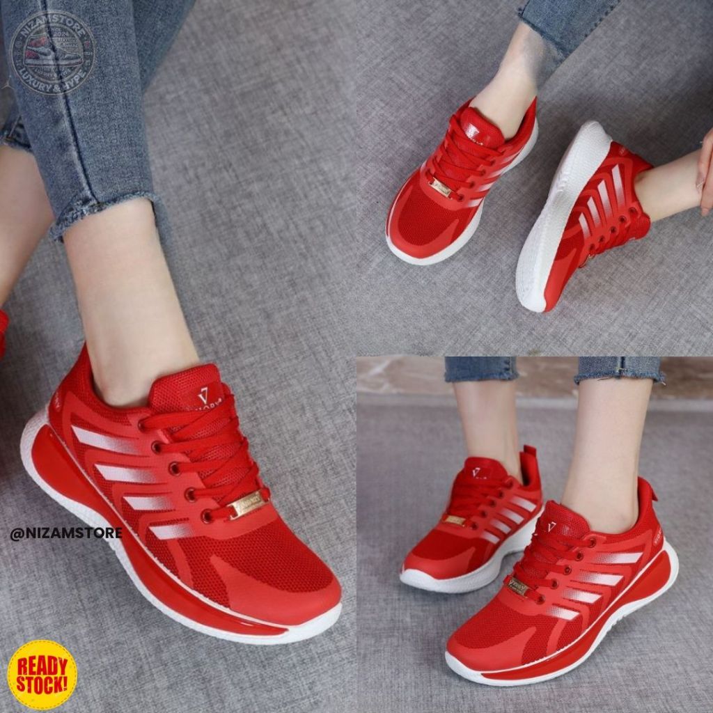 Best Seller Sepatu Sneakers Wanita Import Sporty – Premium Kanvas, Nyaman & Ringan, Warna Merah, Agu