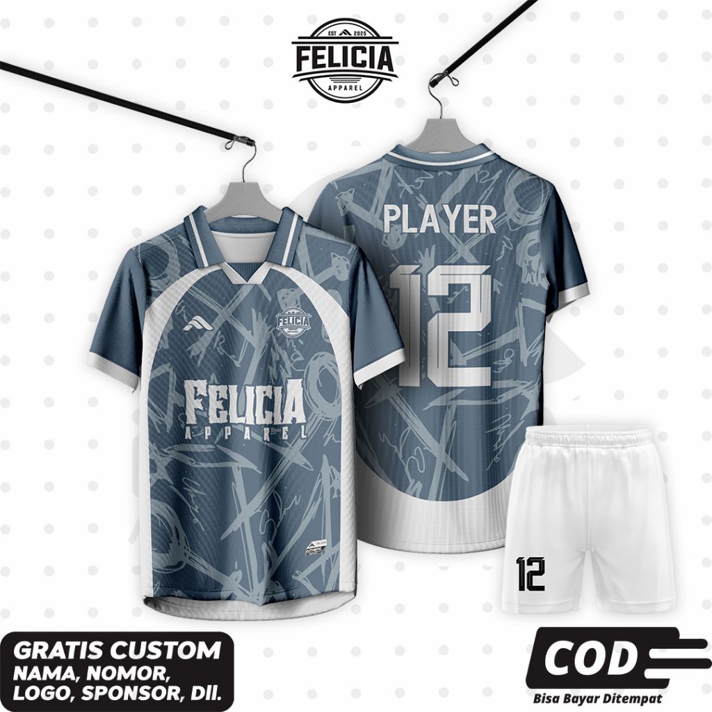 Jersey bola futsal printing biru denim putih / jersey retro vintage / custom jersey full printing / 