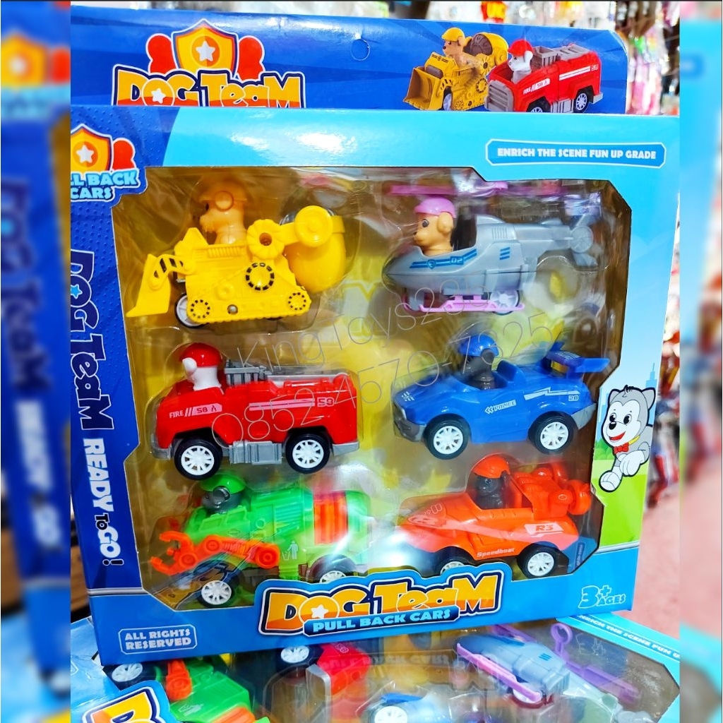 Mainan Anak Paw Patrol Set Mobil isi 6pcs Bahan Premium Tarim Belakang Bisa Berjalan Jalan Anjing Pa