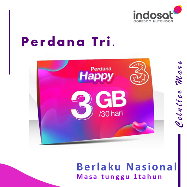 Kartu Perdana Tri 3GB 6,5GB Berlaku Regional 30 Hari Full Kuota Perdana Happy.