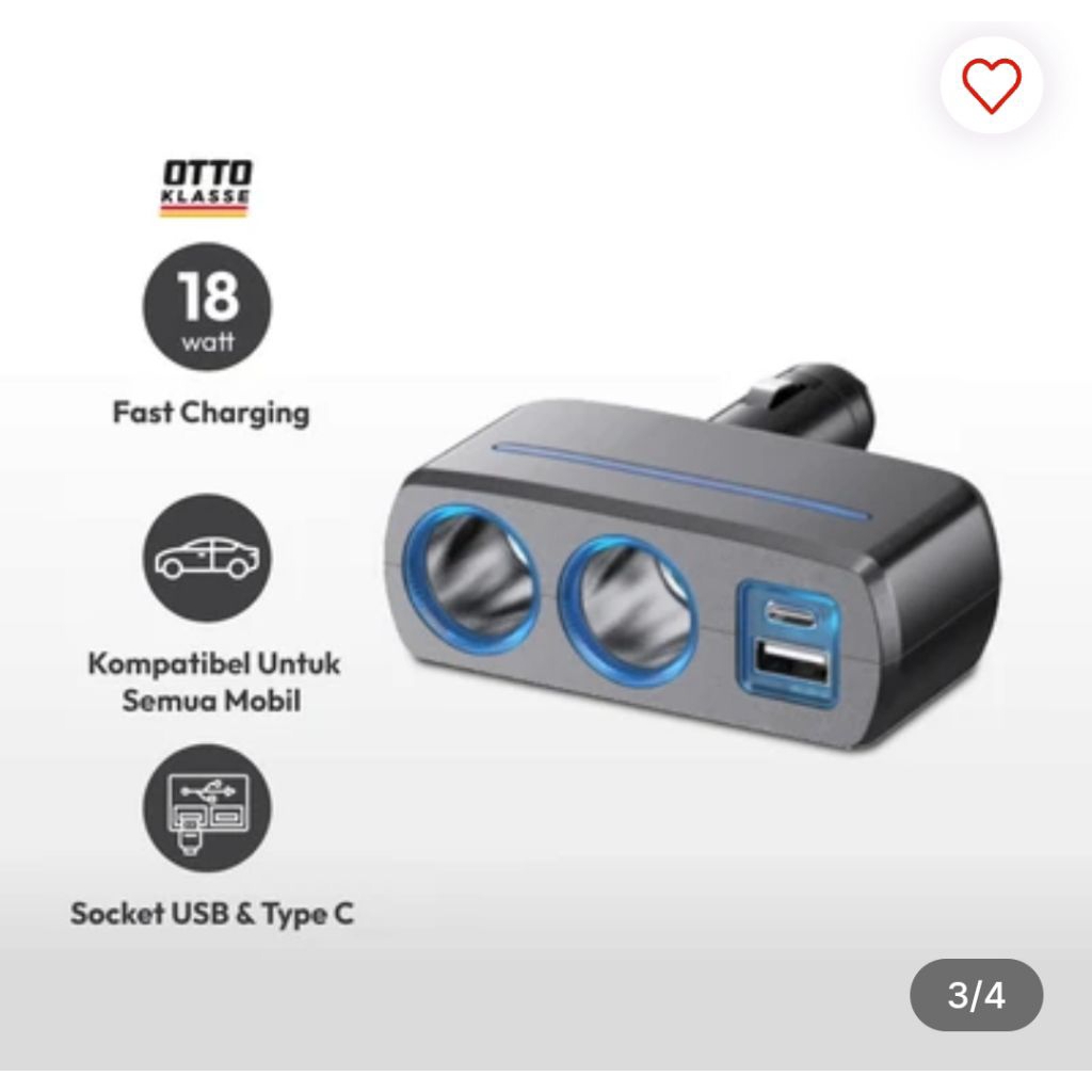 Otto Klasse Charger Mobil Usb & Type C Dengan Lighter Socket 1918d