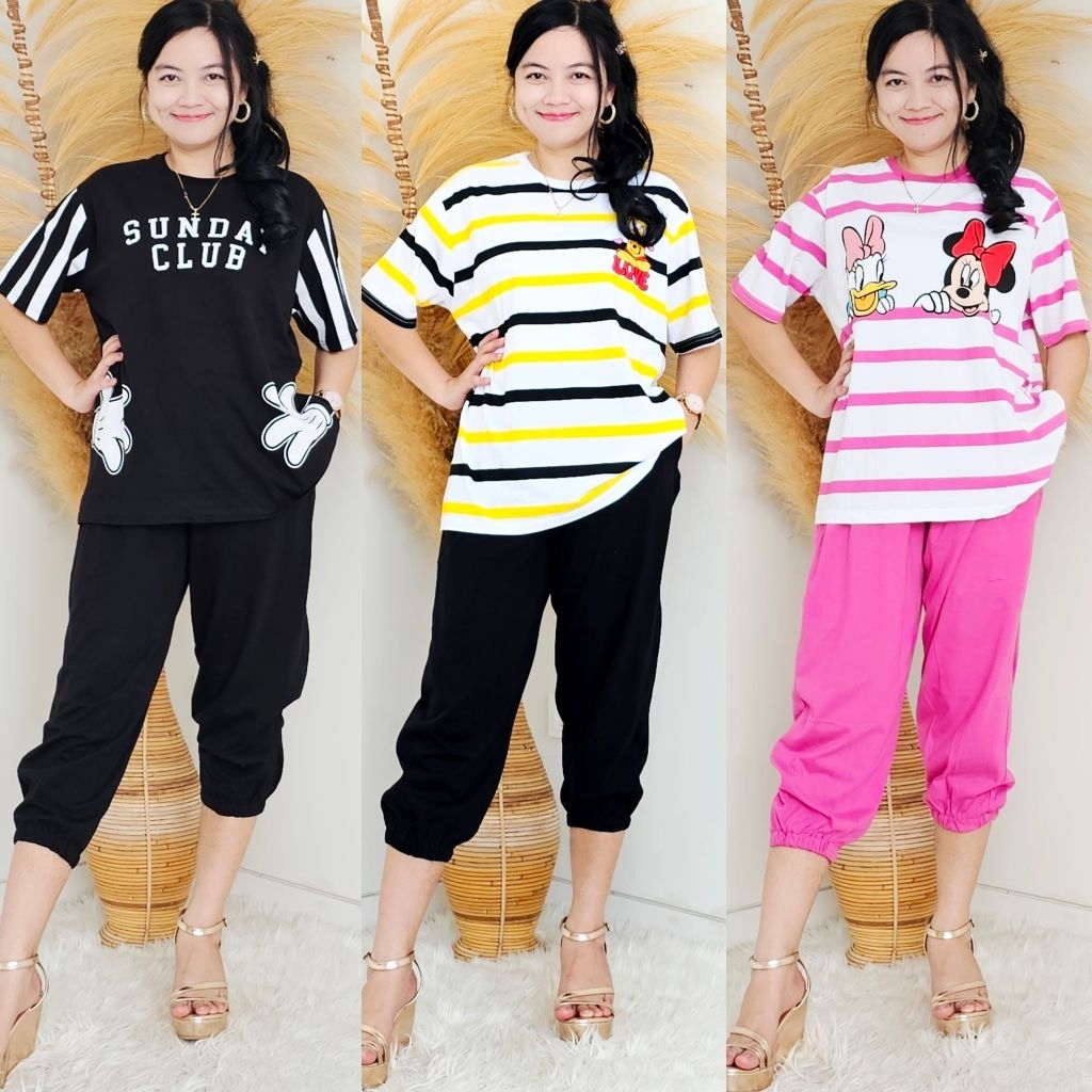 Setelan One Set Joger Jumbo Oversize Atasan Lengan Pendek Celana 7/8 Premium Ada Saku Kanan Kiri Sab