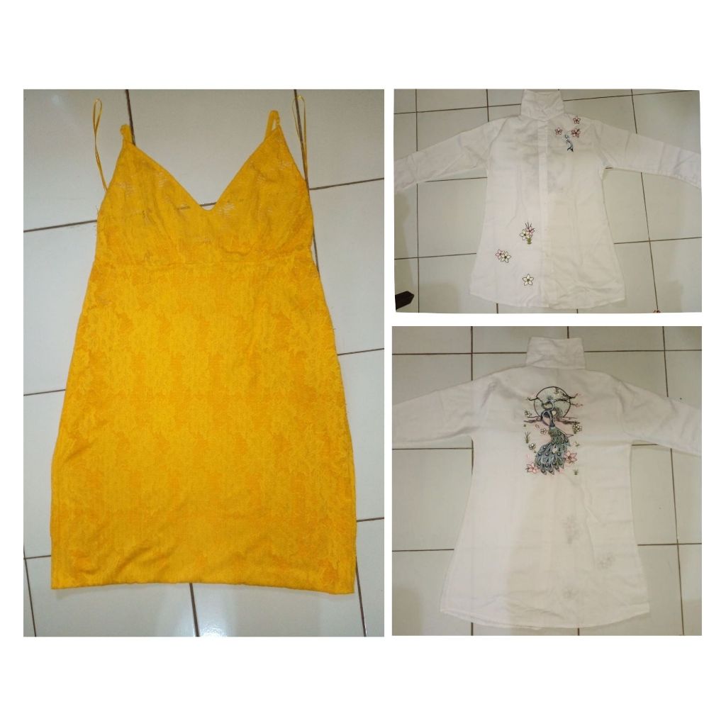 BUNDLING - (Zara W/B collection dress tali sling kuning full laces + Tunik Putih Bordir Bunga Lengan