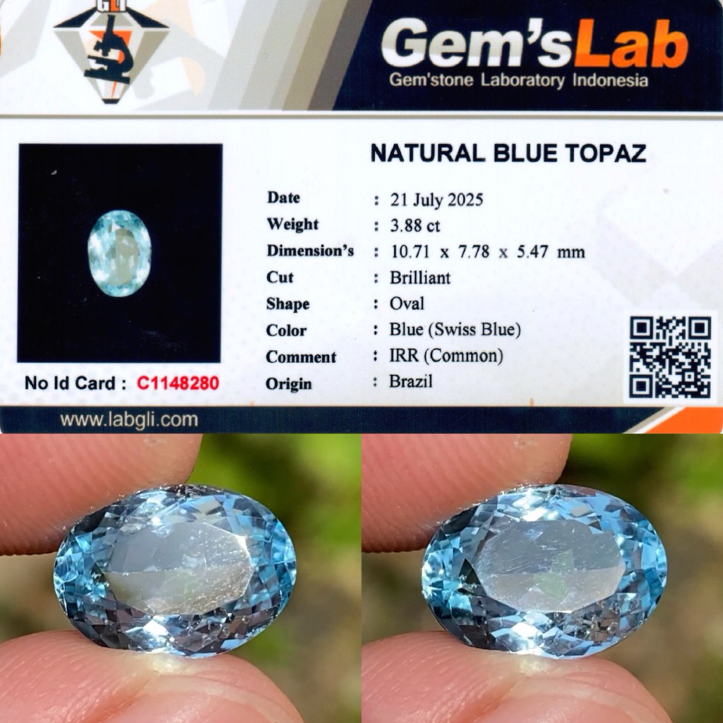 3,88 cts Natural Swiss Blue Topaz origin Brazil IRR Memo GLI