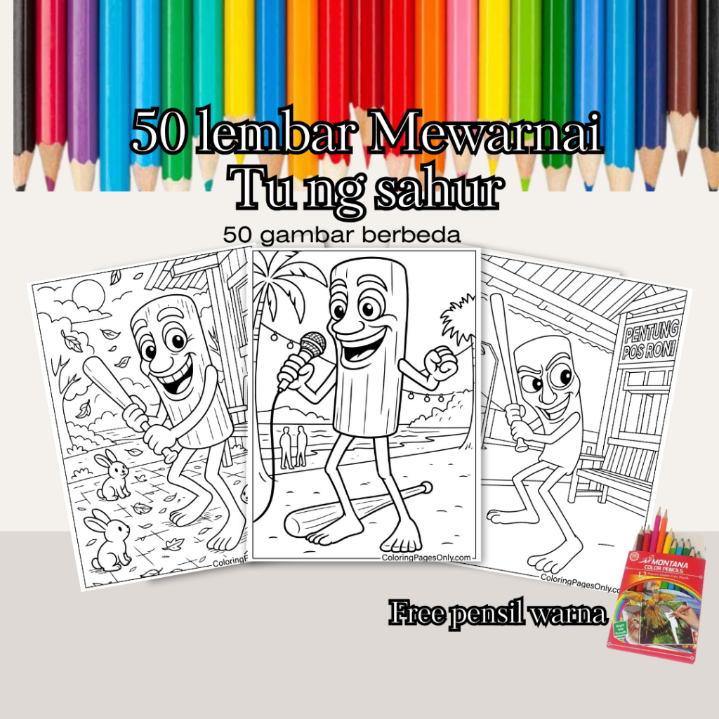 

50 Lembar Kertas Mewarnai Tung Sahur A5 Gratis Pensil Warna