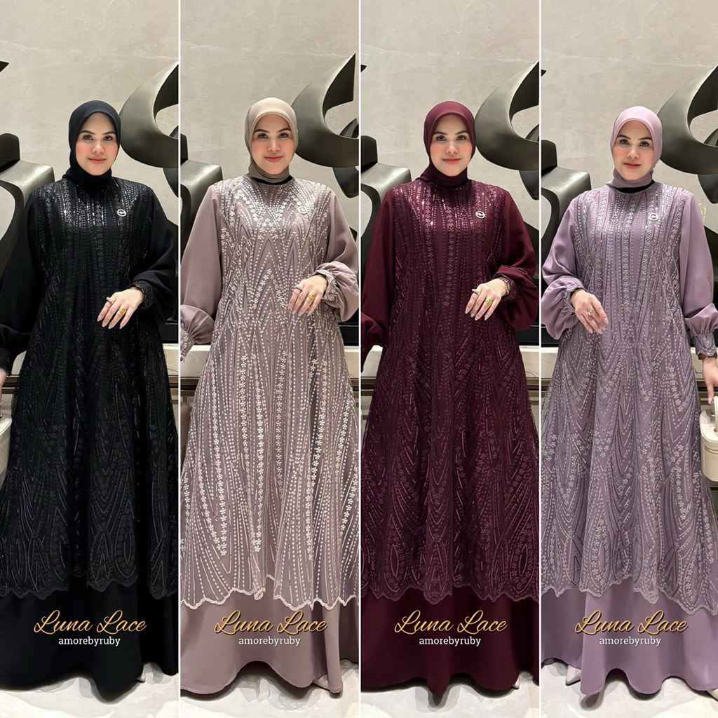 Gamis Tulle Brukat Luna Lace Amore by Ruby Bahan Crepe All Size Jumbo Lengan Balon Muslimah