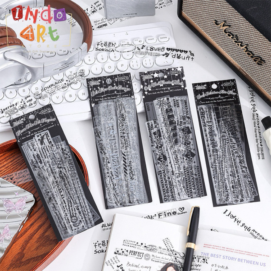 

(IAS) Sticker Deco Journal Scrapbook PET Craft Font Kaligrafi Y2K Monochrome Quotes Letter Alfabet Unik