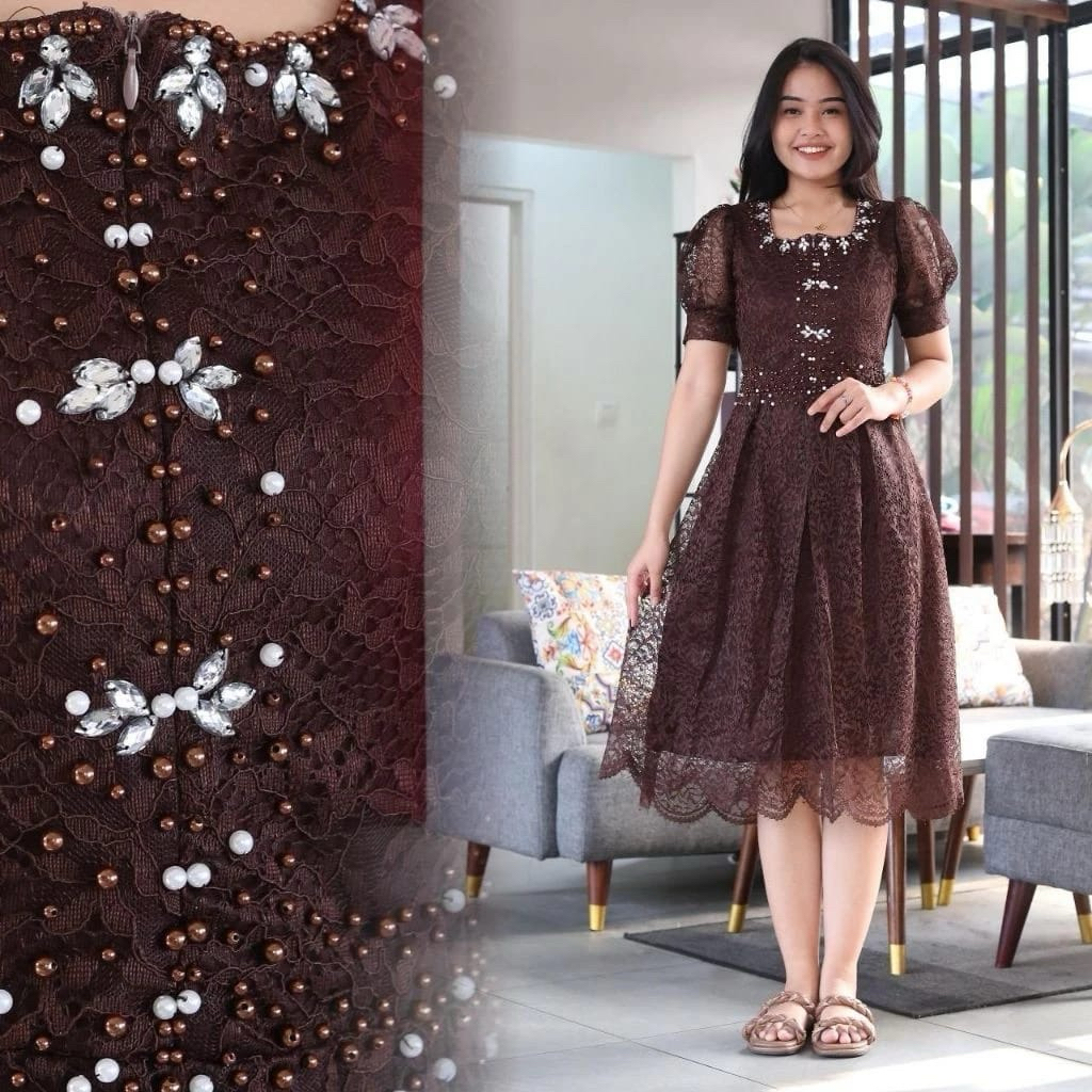 Dress brokat gisella full payet Ld 130cm gaun pesta Natal super mewah lengan pendek dress formal mid