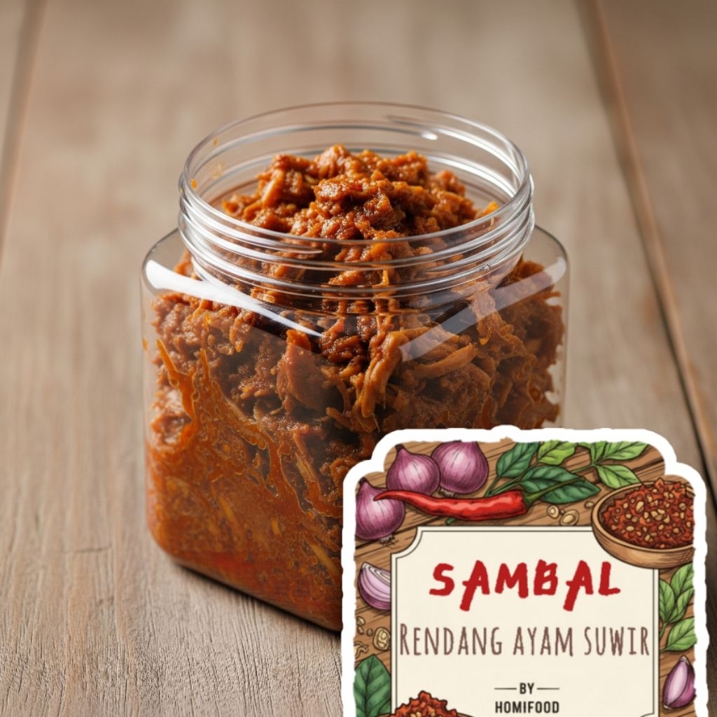 

Sambal Rendang Ayam Suwir Pedas Gurih by homifood menyajikan semua masakan rumahan dengan segala kehangatan keluarga dalam kemasan praktis toples 200ml