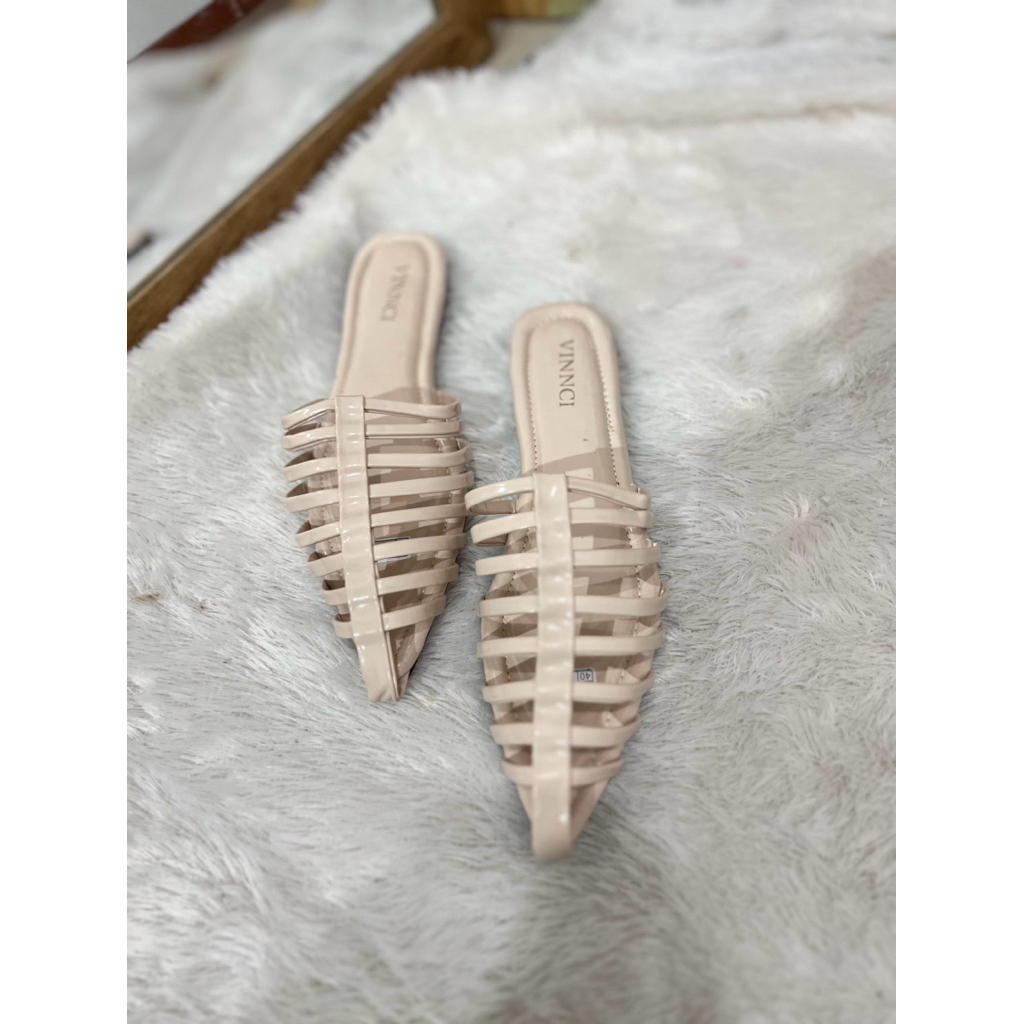 OFASHION sandal slip on wanita jaring jaring round toe ketutup depan sendal wanita