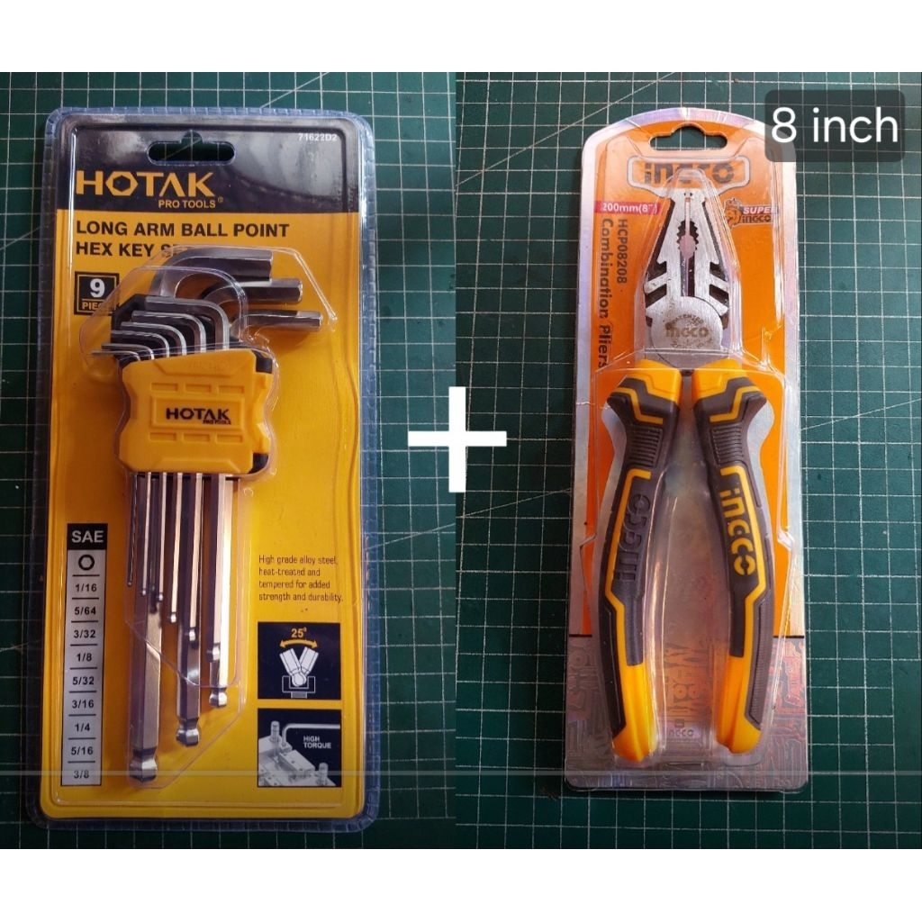 Kunci L Set Premium Quality HOTAK + Tang Kombinasi INGCO 8 INCH 8"