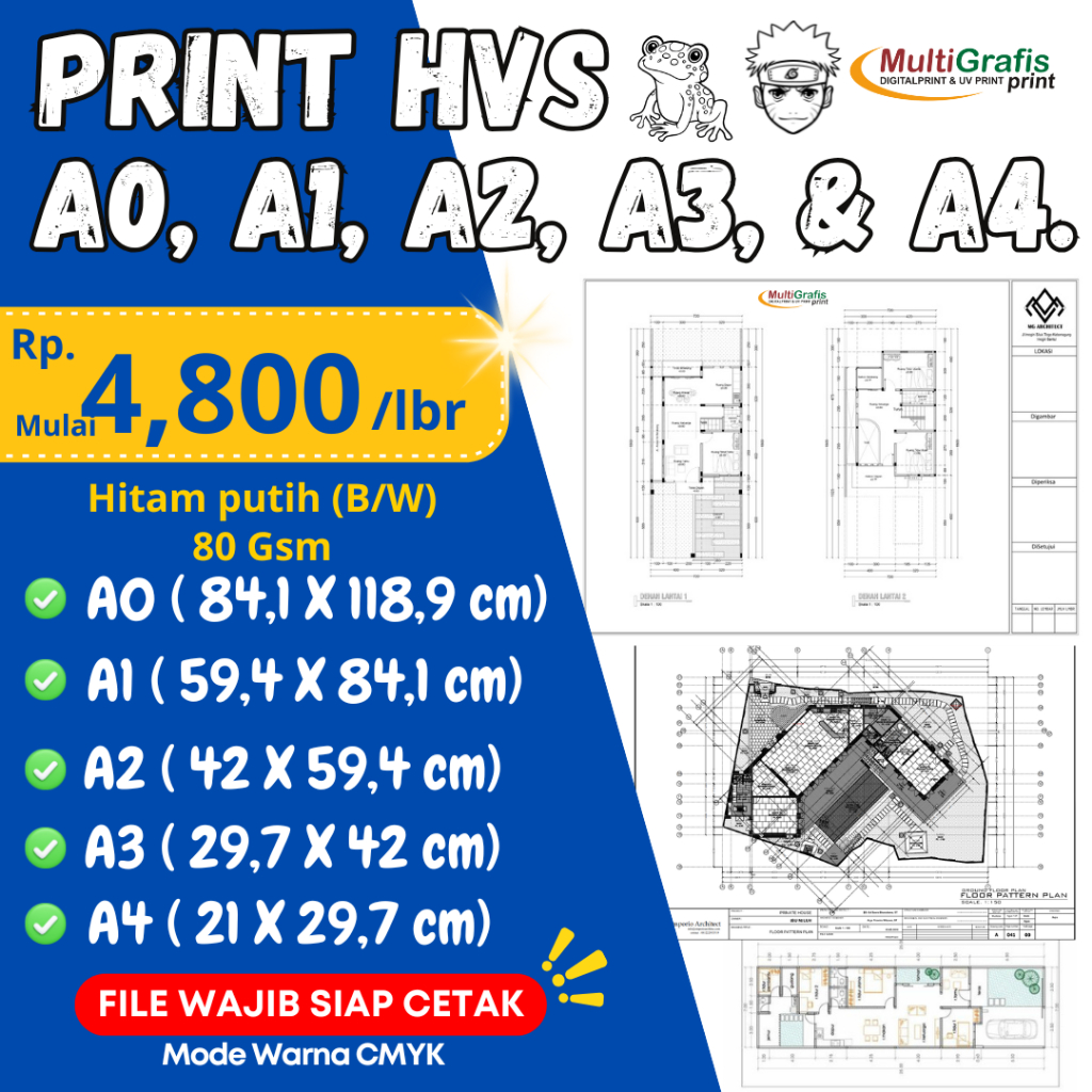 

Print HVS B/W (Hitam Putih) Ukuran A0, A1, A2, A3, A4.