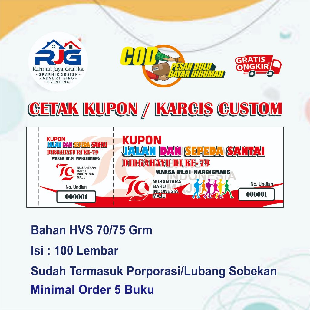 

Cetak Kupon Custom / Cetak Karcis Custom / Cetak Kupon Jalan Santai / Cetak Karcis Parkir / Kupon Undian / Kupon Jalan Santai / karcis parkir Desain Suka Suka Free Murah Rahmat Jaya Grafika