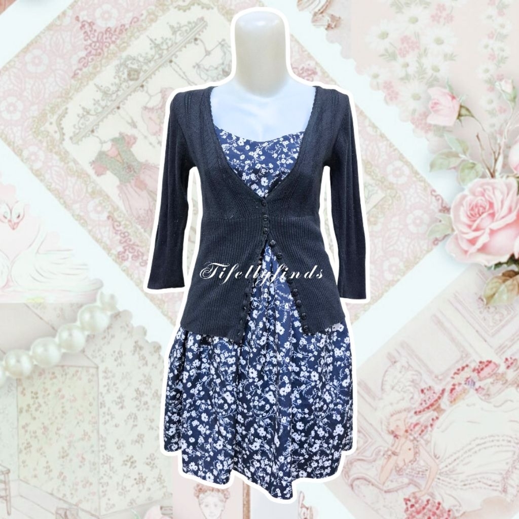 Mididress one set with cardigan knit y2k floral feminim coquette fatal frame grunge fairy kawaii sli