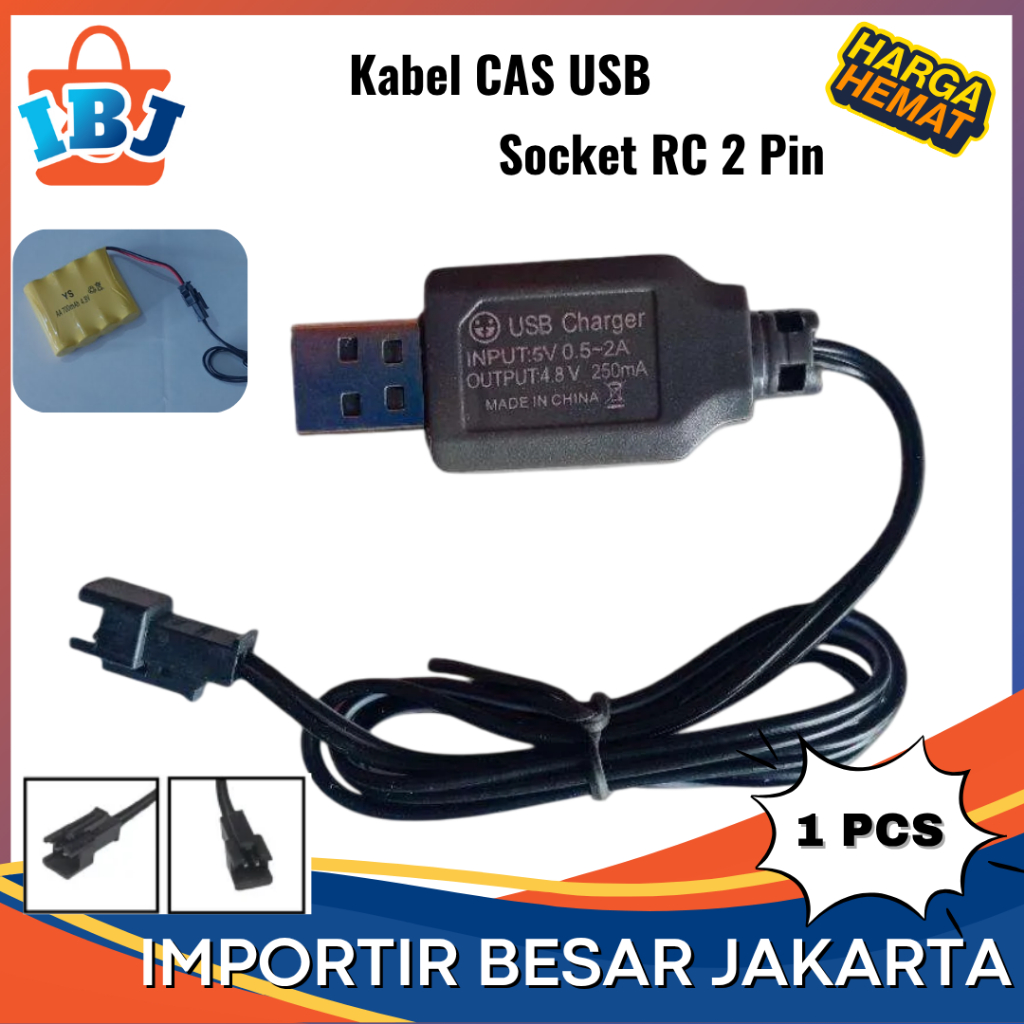 Kabel Cas Mobil RC Model USB Soket Hitam 2Pin