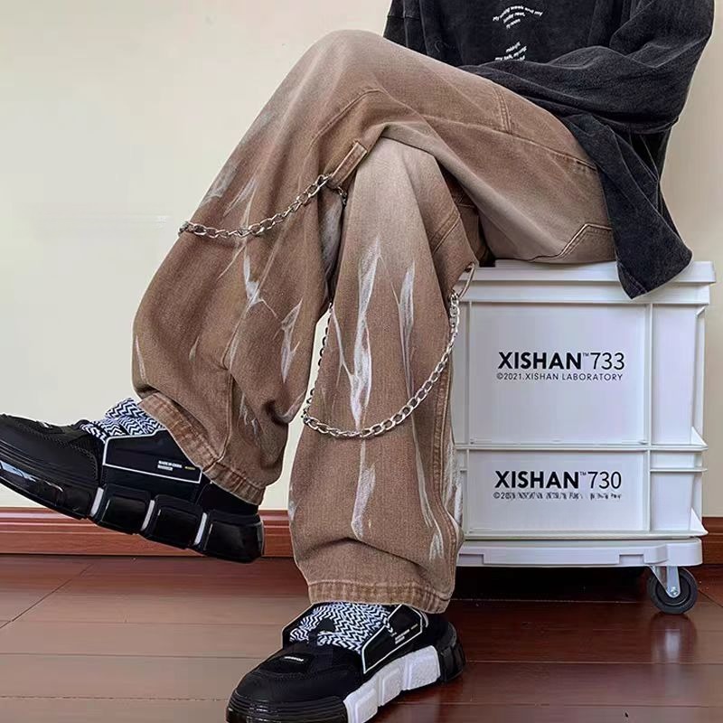 American jeans/jeans longgar pria/High Street hiphop Celana Trendi Desain Merek Dasi Dicelup jeans c