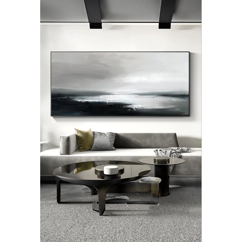 Lukisan Pemandangan Pantai Hitam Putih - Lukisan Tangan Asli - Lukisan Tekstur Timbul - Lukisan Aest