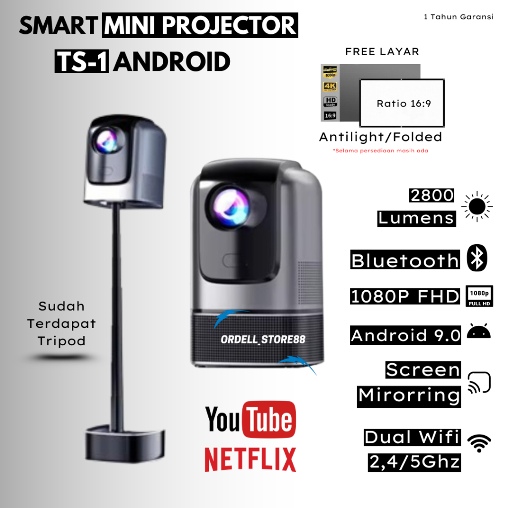 Proyektor Mini LED TS-1 Android 9.0 Wifi 2800 Lumens | Proyektor Mini Android 4K | Proyektor Mini Po