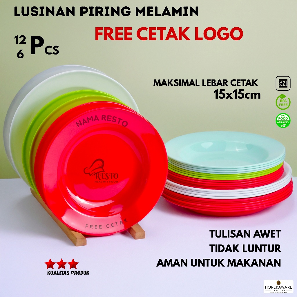 (FREE Cetak Logo) Piring Makan Melamin 1 Lusin - Bulat Cekung untuk Resto Cafe Catering Hotel