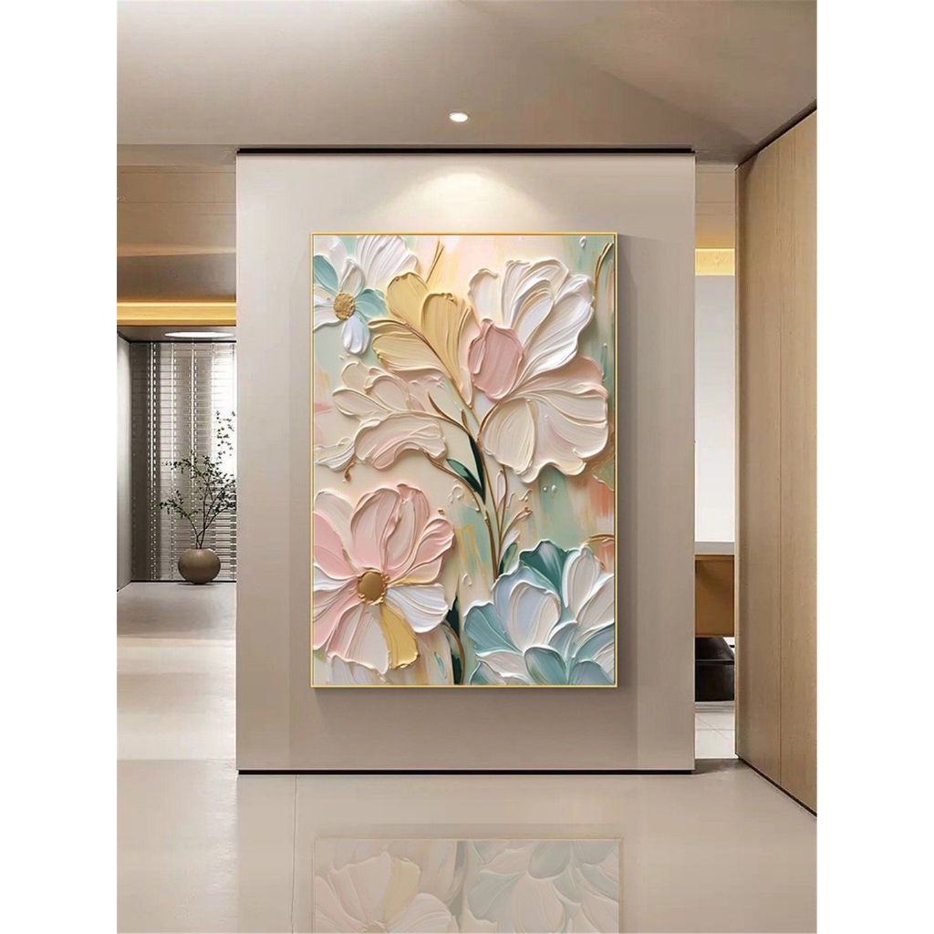 Lukisan Bunga Pink Timbul Pastel Mewah Tekstur Hiasan Dinding Ruang Tamu