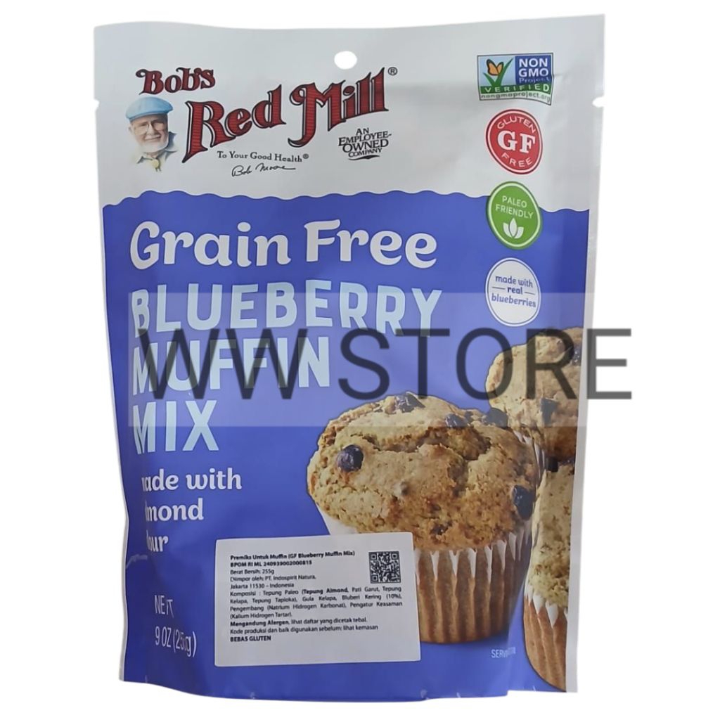 

Premiks untuk kue muffins blueberi bebas gluten free Bob's Red Mill Grain Free BLUEBERRY MUFFIN MIX made with almond flour 9 OZ ( 255g )