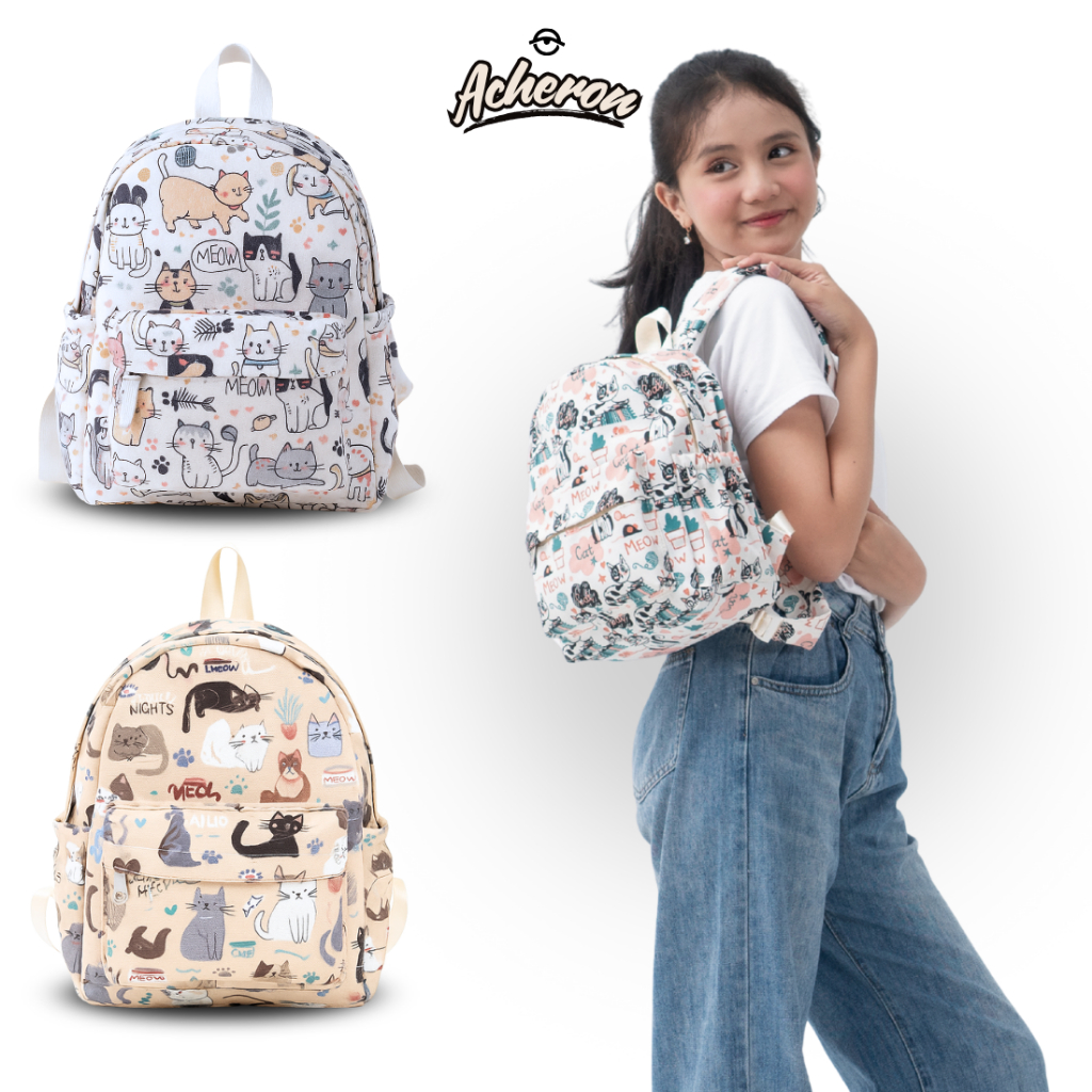 Acheron Tas Ransel Mini Wanita Motif Meow Cute 005 Tas Punggung Perempuan Matif Bahan Kanvas Cewek G