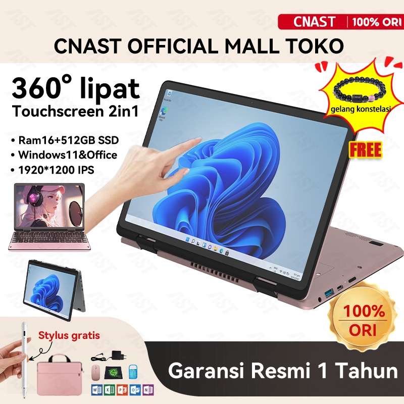 CNAST Laptop Touchscreen pink murah 11" Mini Ram16+512GB SSD 360° lipat Windows11&Office Garansi