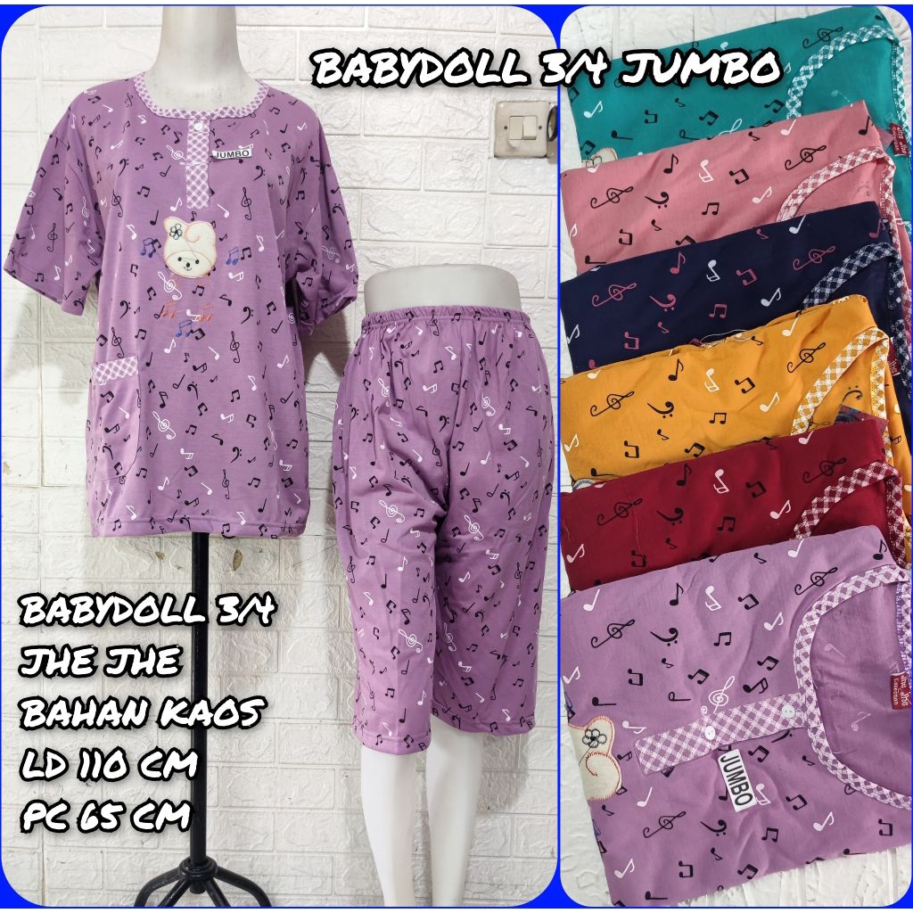 Babydoll Kaos ¾ Jumbo Dewasa | Setelan Baju Tidur Wanita