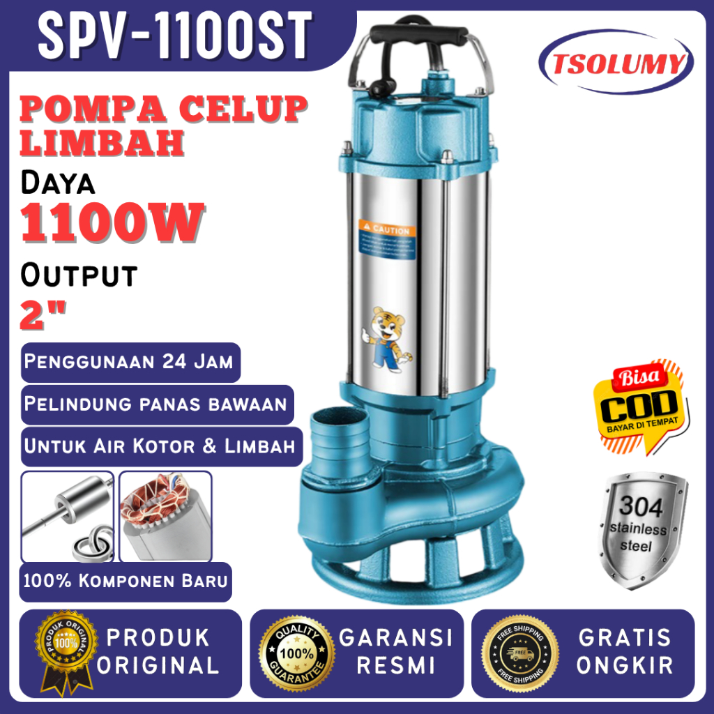 Tsolumy Pompa Air Celup SPV 1100ST Pompa Celup Air Banjir Pompa Air Kotor Pompa Sawah Pompa Lumpur