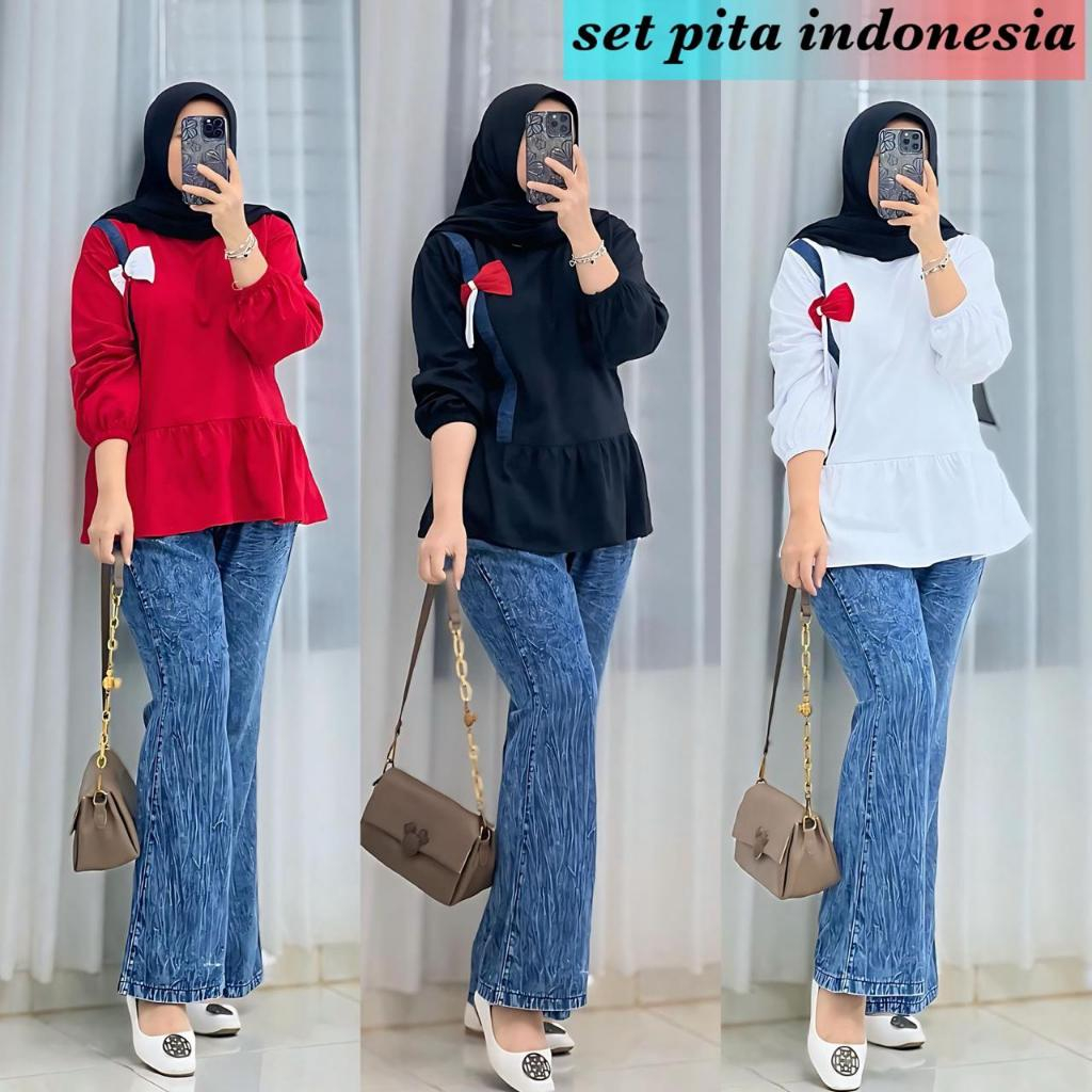 Setelan Wanita Celana Jeans Cutbray Atasan Lengan Panjang Daily Fashion