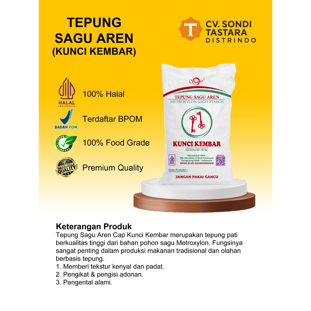 

TEPUNG SAGU AREN SEMI OVEN KUNCI KEMBAR / PATI SAGU / SAGU AREN REPACK 1KG