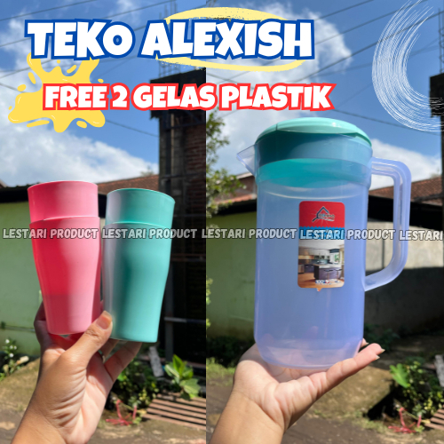 1 PCS TEKO PLASTIK ALEXISH 2,1 Liter FREE 2 GELAS PLASTIK| Tempat Penyimpanan Air Minum Plastik | Te