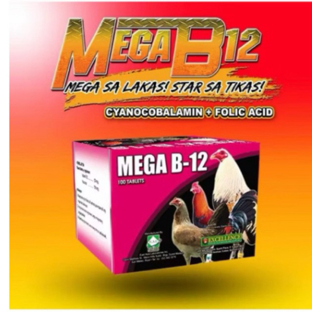 Mega B12 Mega B12  suplemen yang mengandung vitamin B12, yang memiliki berbagai manfaat untuk ayam, 