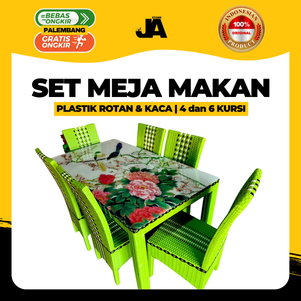 Set Meja Makan Plastik Rotan & Kaca (4 & 6 Kursi) / Sintetis Minimalis Dapur Berkualitas Palembang