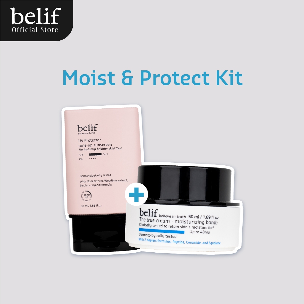 BELIF Moist & Protect Kit: UV Protector Tone Up Sunscreen + The True Cream Moisturizing Bomb