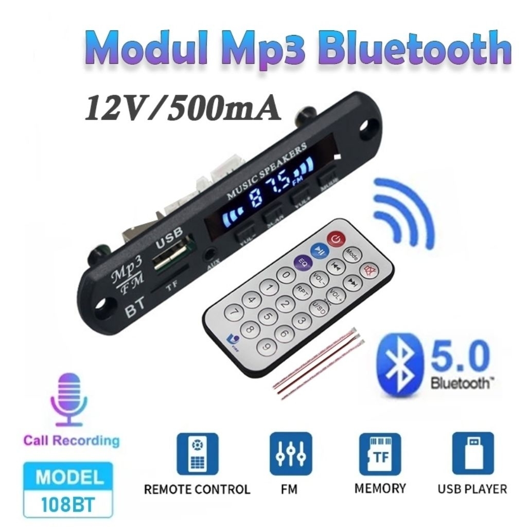 Modul Bluetooth kit mp3 USB AUX FM RADIO 12v  with remot Receiver Original VTF-108BT