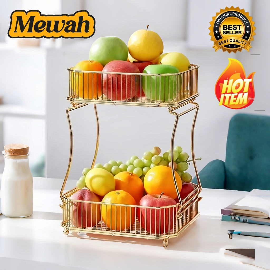 Emas Keranjang Buah 2 Tingkat Wadah Buah Bumbu Dapur Mewah Fruit Double Basket Gold 2 set Minimalis 