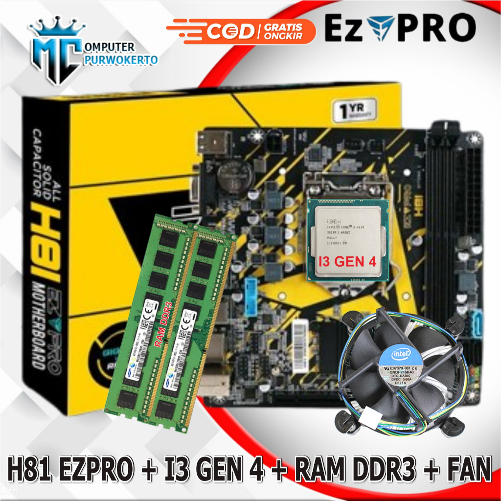 MOBO MAINBOARD H81 LGA 1150 NEW NVME Socket LGA 1150 + Processor i3 Gen 4 + RAM DDR3 + FAN