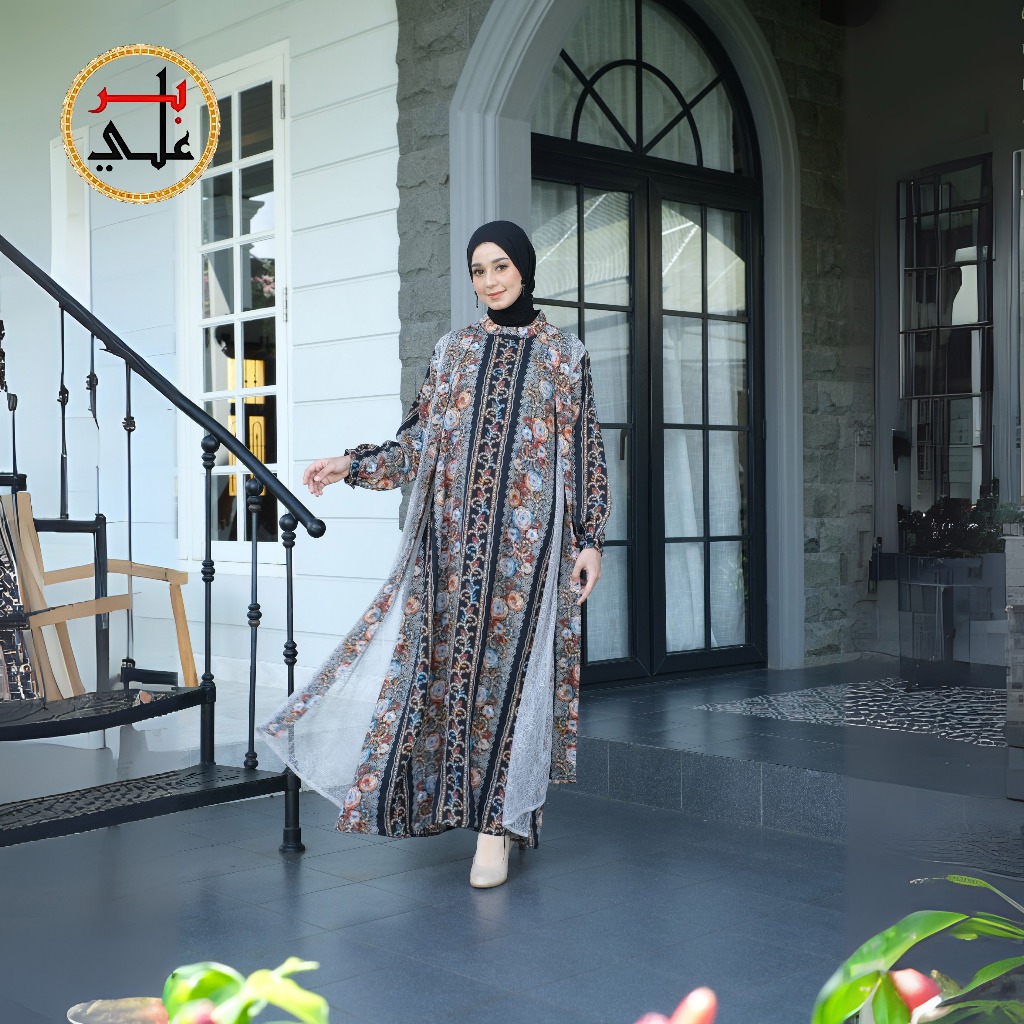BIIR ALI Collection Abaya Saudi Arabia Bahan Fursan Silk Kombinasi Santili Mewah Motif Bunga Abstrak