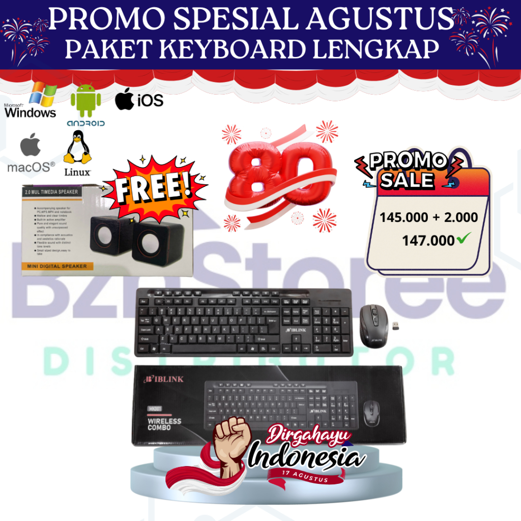 Promo Merdeka Wireless Combo Keyboard & Mouse  MK001 iB + Speaker Multimedia USB 101/ Keyboard Mouse