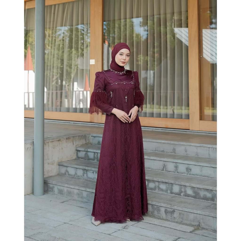 Gaun Muslimah Brokat Mewah Maroon  Dress Hijab Pesta Elegan Lengan Tulle