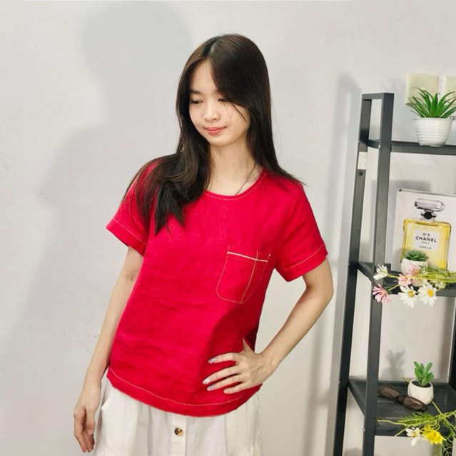 310031 | BLOUSE KATUN LINEN NO STRETCH LENGAN PENDEK MERAH NAVY PUTIH