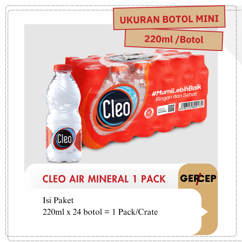 

Air Mineral Cleo Kemasan Botol Kecil 220ml, 1 Pack Isi 24 Botol
