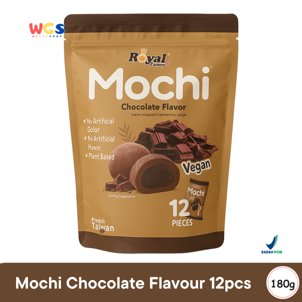 

Royal Family Mochi Chocolate Flavor 12 pcs (180g) - Mochi Vegan Isi Cokelat Bebas Gluten & Pewarna