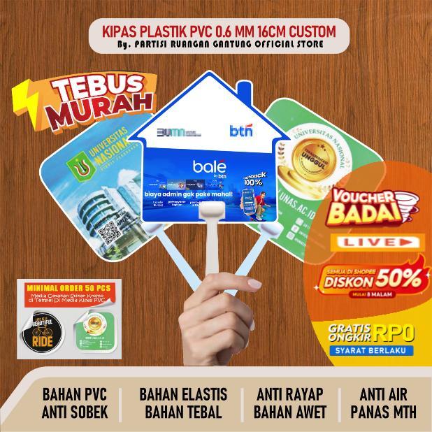 kipas tangan plastik PVC pp, undangan kipas plastik, merhandise anti sobek berikut gagang, Minim 48 