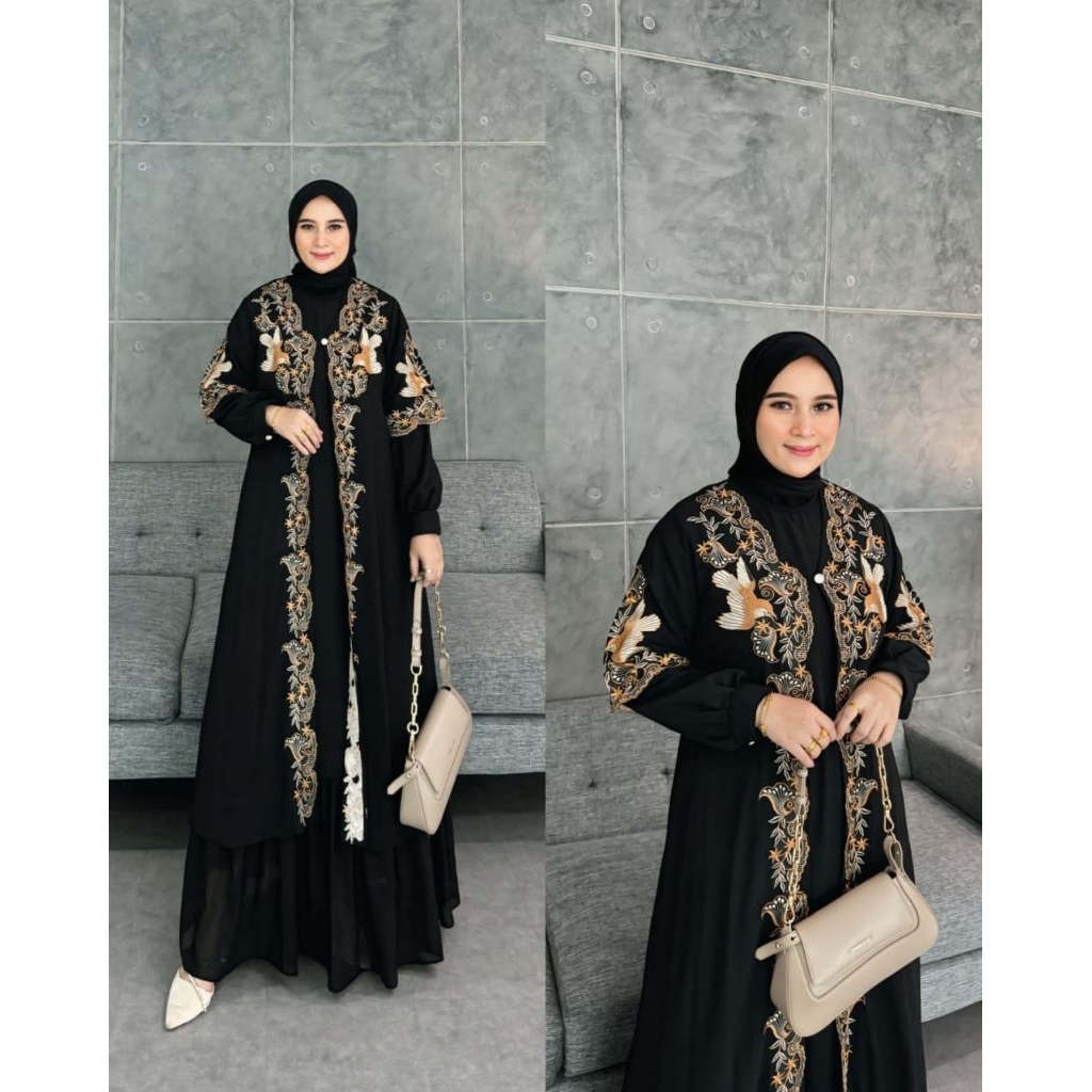 Abaya Rompi.rou Premium Terbaru. Abaya Rompi Set 2in1. Gamis Rompi Bordir Mewah. Rompi Hitam