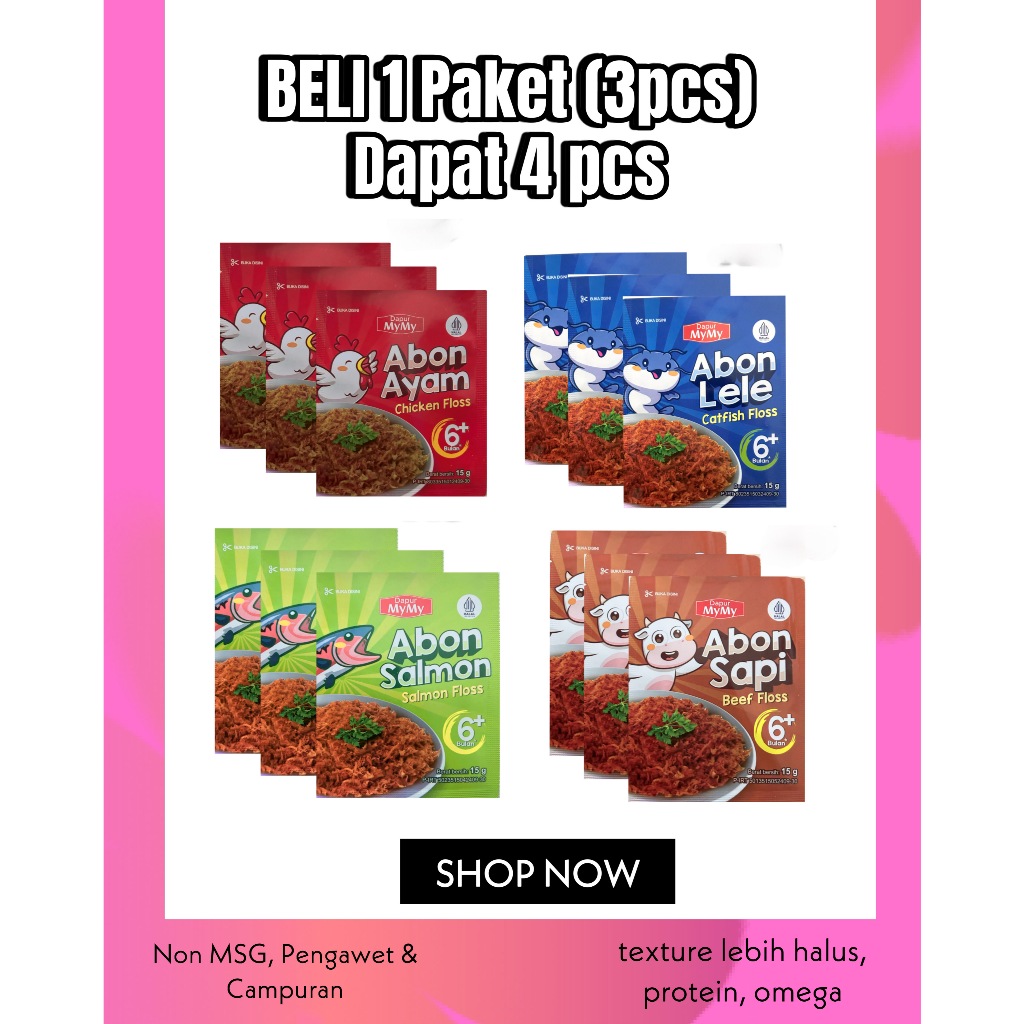 

Promo Beli 1 Dapat 4 pcs Abon MPASI Penambah Nafsu Makan Anak Tanpa MSG Abon salmon